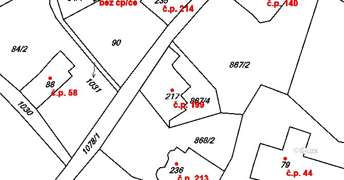 Horní Kostelec 199, Červený Kostelec na parcele st. 217 v KÚ Horní Kostelec, Katastrální mapa