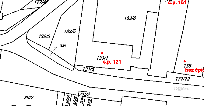 Sedlec 121 na parcele st. 133/1 v KÚ Sedlec u Mikulova, Katastrální mapa