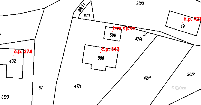 Líšnice 313 na parcele st. 588 v KÚ Líšnice, Katastrální mapa