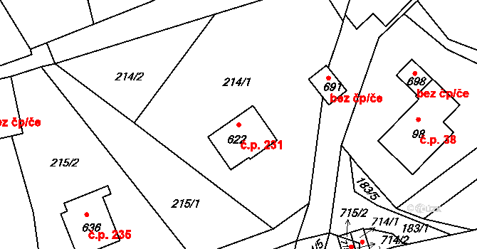 Držkov 231 na parcele st. 622 v KÚ Držkov, Katastrální mapa