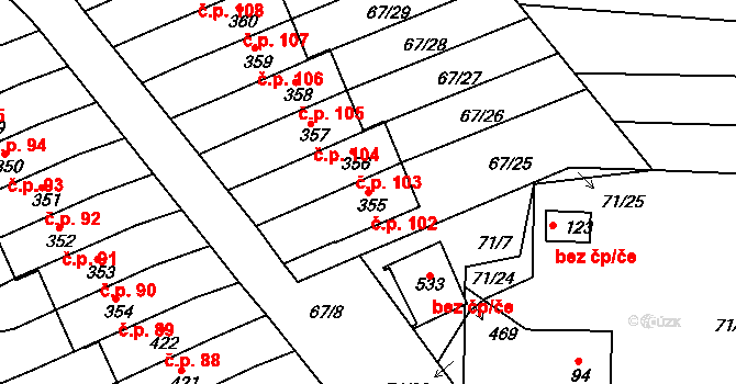 Staré Hory 102, Jihlava na parcele st. 355 v KÚ Staré Hory, Katastrální mapa