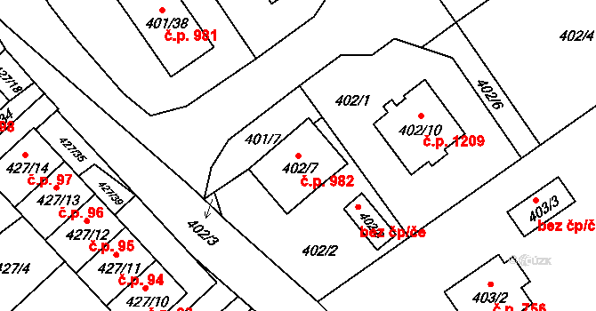Třeboň II 982, Třeboň na parcele st. 402/7 v KÚ Třeboň, Katastrální mapa