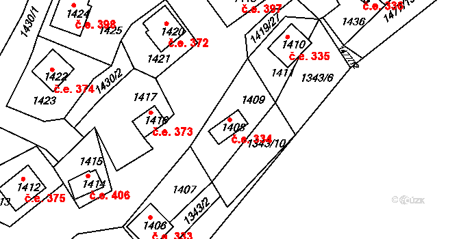 Miřetice u Klášterce nad Ohří 334, Klášterec nad Ohří na parcele st. 1408 v KÚ Miřetice u Klášterce nad Ohří, Katastrální mapa