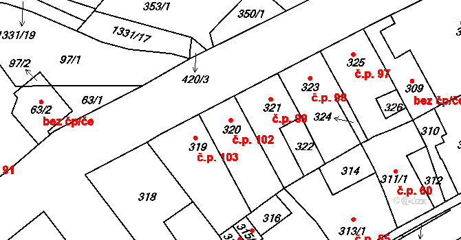 Proboštov 102 na parcele st. 320 v KÚ Proboštov u Teplic, Katastrální mapa