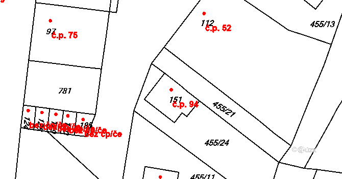 Příložany 94, Jaroměřice nad Rokytnou na parcele st. 151 v KÚ Příložany, Katastrální mapa
