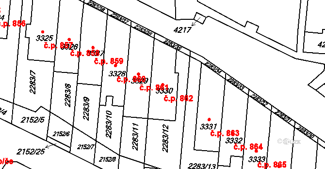 Komín 862, Brno na parcele st. 3330 v KÚ Komín, Katastrální mapa