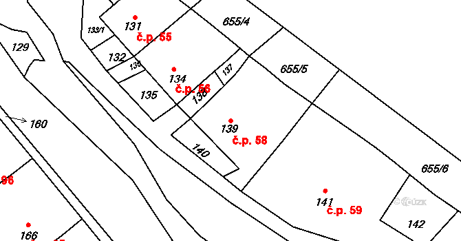 Valchov 58 na parcele st. 139 v KÚ Valchov, Katastrální mapa