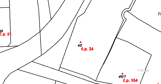Střed 24, Rokycany na parcele st. 45 v KÚ Rokycany, Katastrální mapa