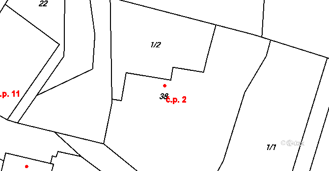 Loukovec 2 na parcele st. 38/1 v KÚ Loukovec, Katastrální mapa