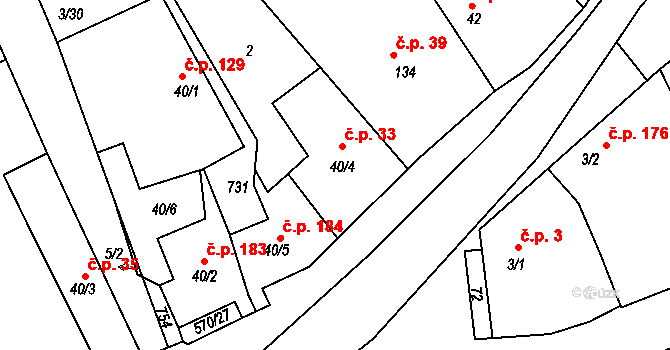 Vraňany 33 na parcele st. 40/4 v KÚ Vraňany, Katastrální mapa