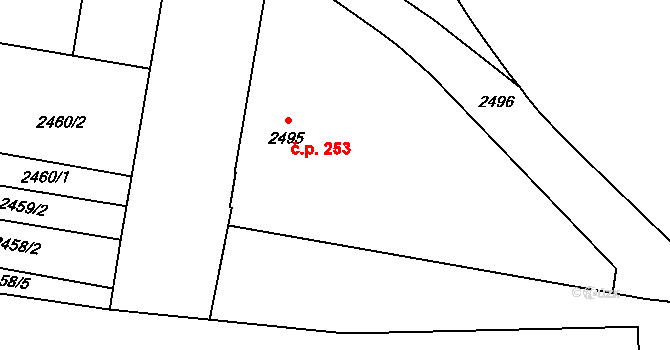 Hostivař 253, Praha na parcele st. 2495 v KÚ Hostivař, Katastrální mapa