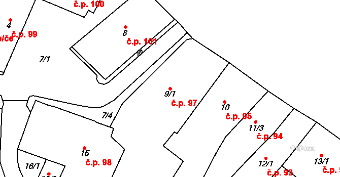 Chomutov 97 na parcele st. 9/1 v KÚ Chomutov I, Katastrální mapa