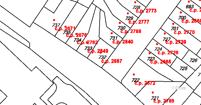 Chomutov 2887 na parcele st. 732 v KÚ Chomutov II, Katastrální mapa