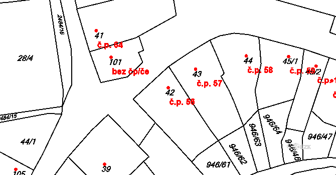 Čebín 56 na parcele st. 42 v KÚ Čebín, Katastrální mapa