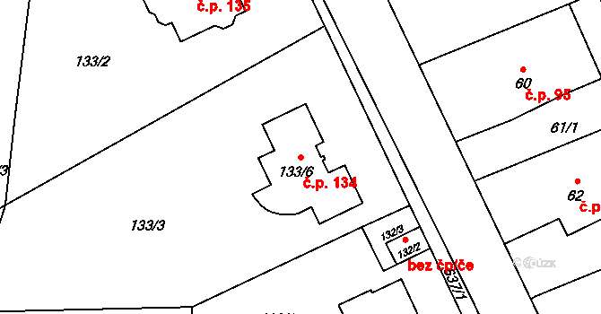 Vlčnov 134, Starý Jičín na parcele st. 133/6 v KÚ Vlčnov u Starého Jičína, Katastrální mapa