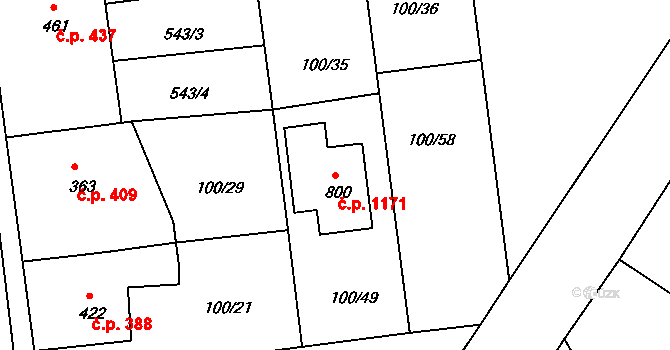 Rudná 1171 na parcele st. 800 v KÚ Dušníky u Rudné, Katastrální mapa