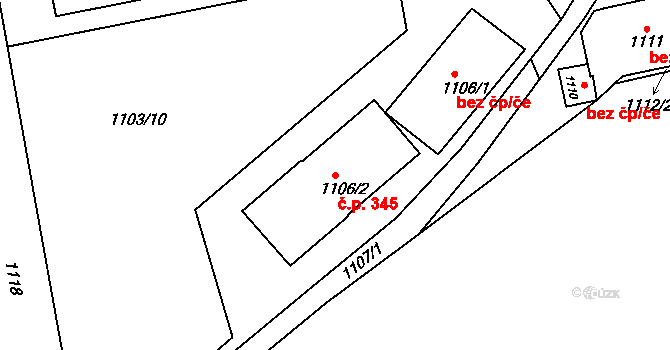 Komárov 345, Opava na parcele st. 1106/2 v KÚ Komárov u Opavy, Katastrální mapa