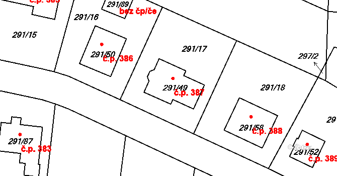 Oldřišov 387 na parcele st. 291/49 v KÚ Oldřišov, Katastrální mapa