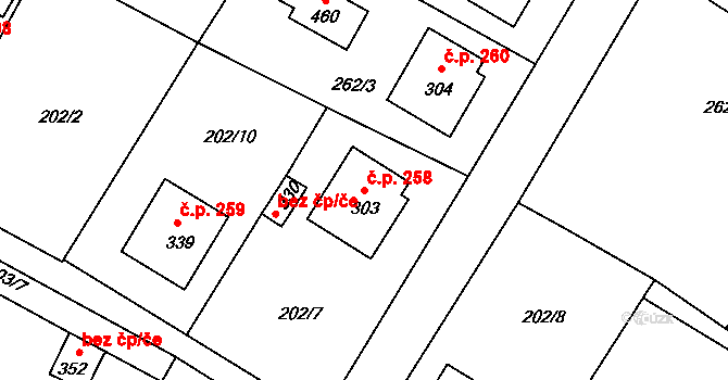 Sedlec 258, Sedlec-Prčice na parcele st. 303 v KÚ Sedlec u Votic, Katastrální mapa