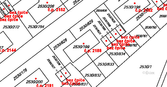 Předměstí 2188, Opava na parcele st. 2530/199 v KÚ Opava-Předměstí, Katastrální mapa