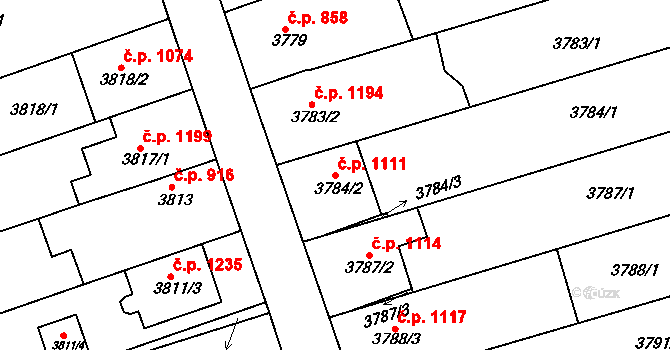 Vlčnov 1111 na parcele st. 3784/2 v KÚ Vlčnov, Katastrální mapa