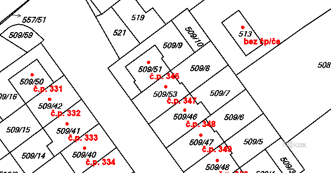 Huštěnovice 347 na parcele st. 509/53 v KÚ Huštěnovice, Katastrální mapa