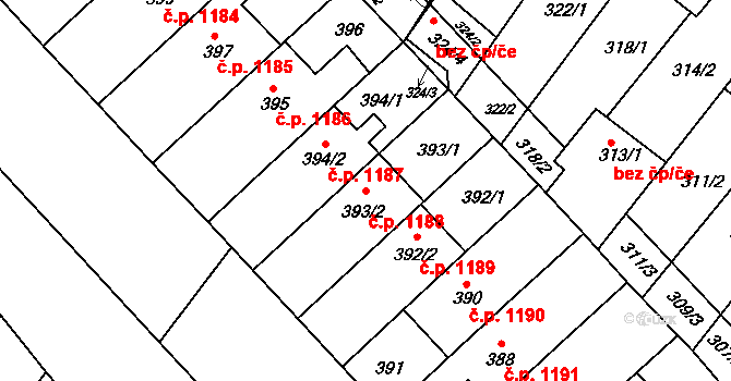 Hluk 1188 na parcele st. 393/2 v KÚ Hluk, Katastrální mapa