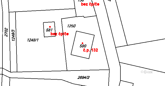 Srní 132 na parcele st. 580 v KÚ Srní I, Katastrální mapa