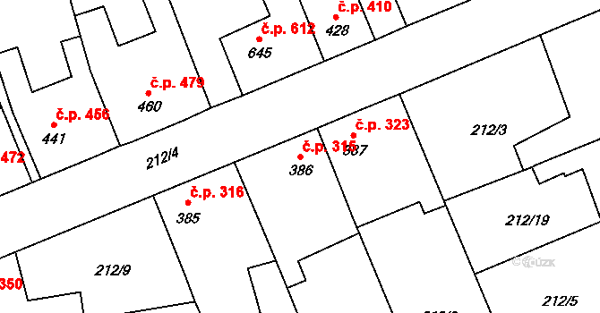 Slatiňany 315 na parcele st. 386 v KÚ Slatiňany, Katastrální mapa