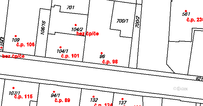 Rosice 98, Pardubice na parcele st. 96 v KÚ Rosice nad Labem, Katastrální mapa