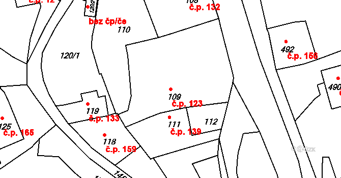 Olomučany 123 na parcele st. 109 v KÚ Olomučany, Katastrální mapa