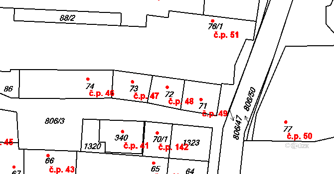 Líšťany 48 na parcele st. 72 v KÚ Líšťany u Cítolib, Katastrální mapa