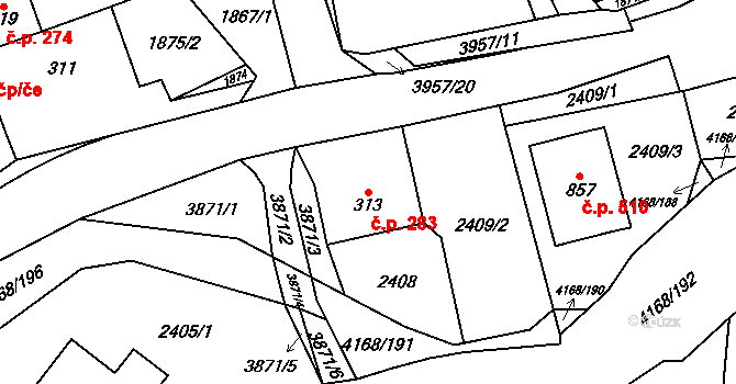 Libouchec 283 na parcele st. 313 v KÚ Libouchec, Katastrální mapa