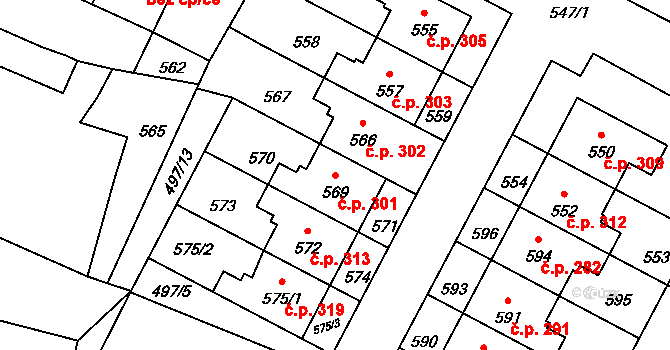 Rychlov 301, Bystřice pod Hostýnem na parcele st. 569 v KÚ Rychlov u Bystřice pod Hostýnem, Katastrální mapa