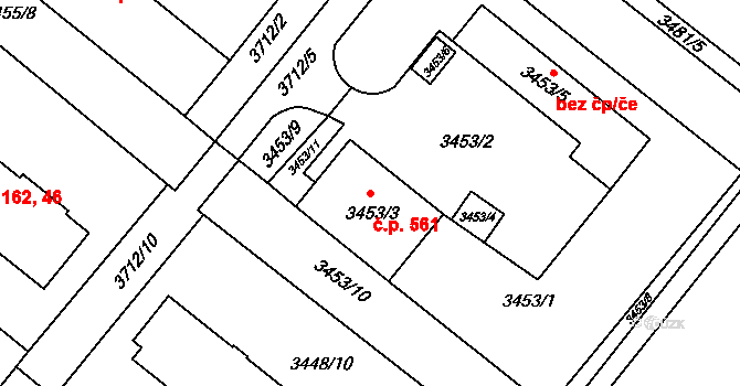 Vyškov-Předměstí 561, Vyškov na parcele st. 3453/3 v KÚ Vyškov, Katastrální mapa