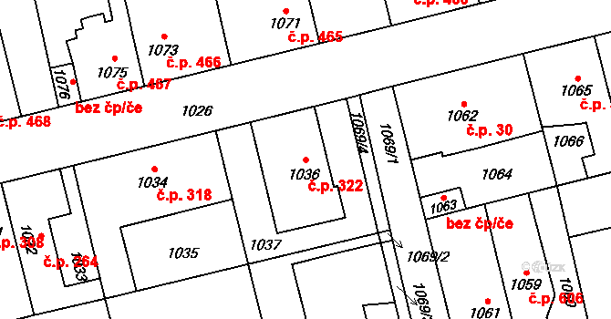 Libušín 322 na parcele st. 1036 v KÚ Libušín, Katastrální mapa