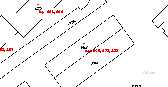 Komárov 402,403,404 na parcele st. 892 v KÚ Komárov u Hořovic, Katastrální mapa
