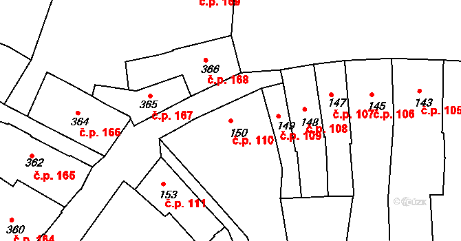 Roudnice nad Labem 110 na parcele st. 150 v KÚ Roudnice nad Labem, Katastrální mapa