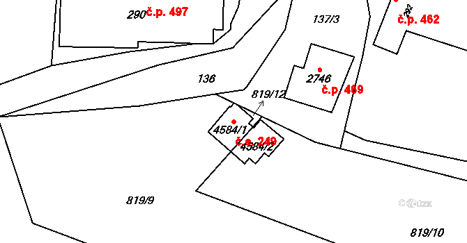 Rožnov pod Radhoštěm 249 na parcele st. 4584/1 v KÚ Rožnov pod Radhoštěm, Katastrální mapa