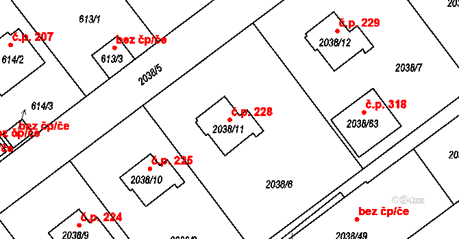 Strkov 228, Planá nad Lužnicí na parcele st. 2038/11 v KÚ Planá nad Lužnicí, Katastrální mapa