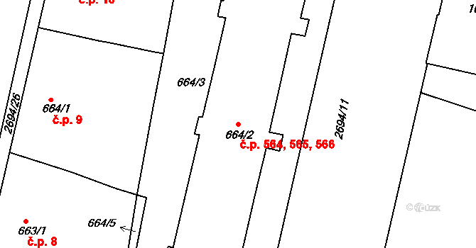 Chrudim II 564,565,566, Chrudim na parcele st. 664/2 v KÚ Chrudim, Katastrální mapa