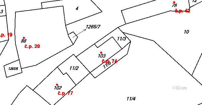 Černovice 74 na parcele st. 103 v KÚ Černovice u Kunštátu, Katastrální mapa