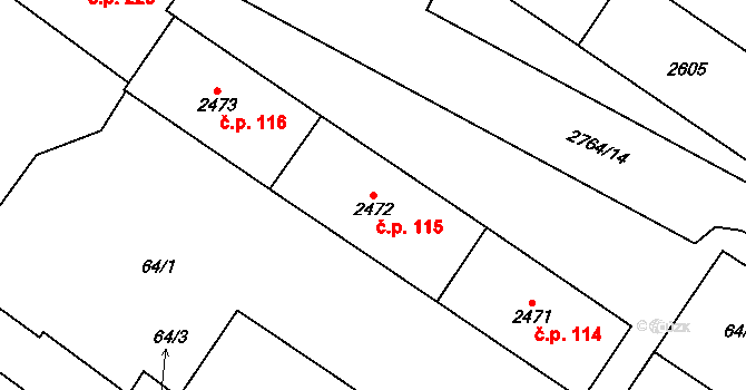 Střed 115, Rokycany na parcele st. 2472 v KÚ Rokycany, Katastrální mapa