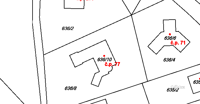 Svatava 77 na parcele st. 636/10 v KÚ Svatava, Katastrální mapa
