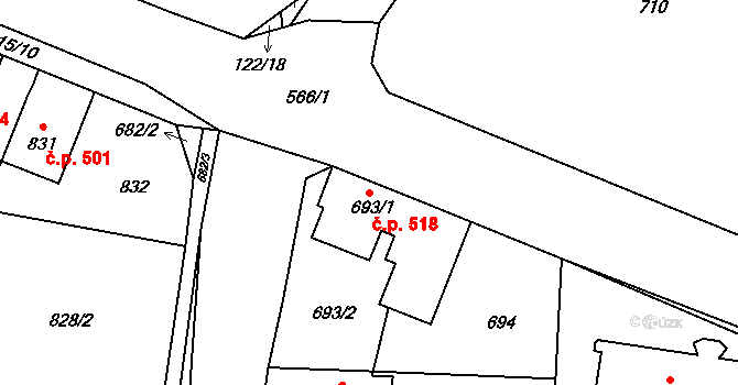 Šeberov 518, Praha na parcele st. 693/1 v KÚ Šeberov, Katastrální mapa