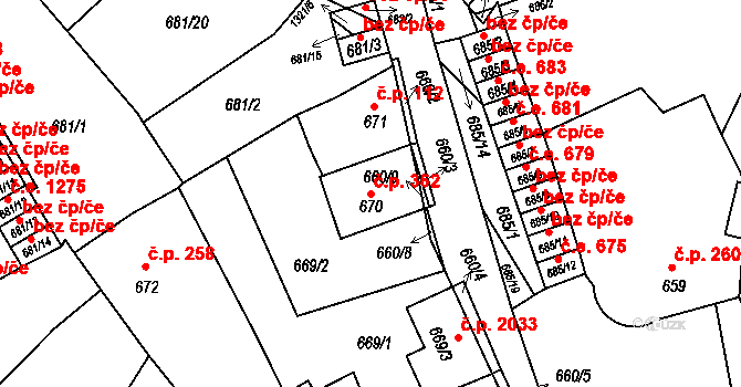 Předměstí 362, Litoměřice na parcele st. 670 v KÚ Litoměřice, Katastrální mapa