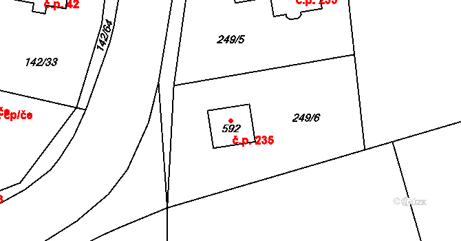Libeř 235 na parcele st. 592 v KÚ Libeř, Katastrální mapa