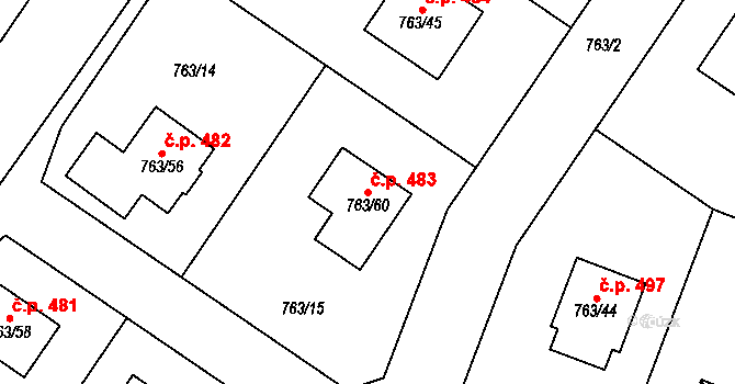 Kostomlaty nad Labem 483 na parcele st. 763/60 v KÚ Kostomlaty nad Labem, Katastrální mapa