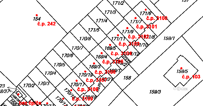 Milovice 3105 na parcele st. 169/4 v KÚ Milovice nad Labem, Katastrální mapa