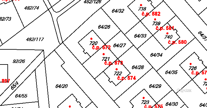 Nehvizdy 573 na parcele st. 721 v KÚ Nehvizdy, Katastrální mapa